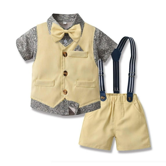 Cethrio Kids Boys Bow Knot Shirts Outfit Set- Fashion Cotton Printed Short Sleeve Crew Neck Boys Summer Shirts Beige Size 5 T