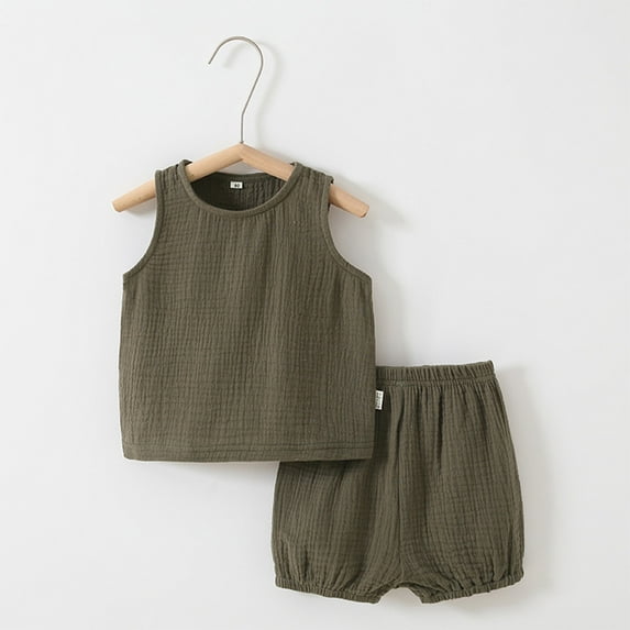 Cethrio Kids Boys Girls Outfit Sets, Solid Color Elastic Waist Sleeveless Casual Shirts and Shorts Army Green Size 10Months