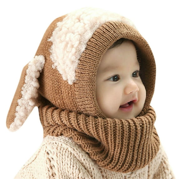 Cethrio Kids Boys Knitted Hats with Scarves, Thermal Cute Soft Stretchy Winter Hats Khaki Size 0-18 Months