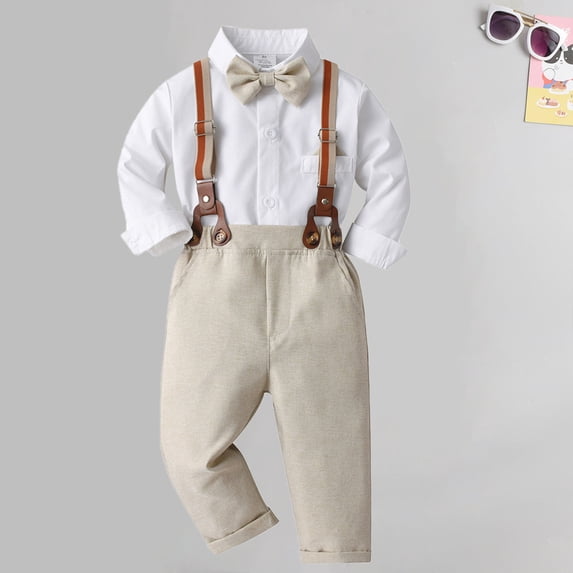 Cethrio Baby Boys Overalls Set, Cotton Long Sleeve Gentleman Bowknot Summer Shirts Set Beige Size 6-12 Months