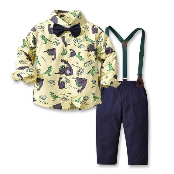 Cethrio Baby Boys Overalls Set, Gentleman Bowknot Long Sleeve Cotton Summer Shirts Set Yellow Size 6-12 Months