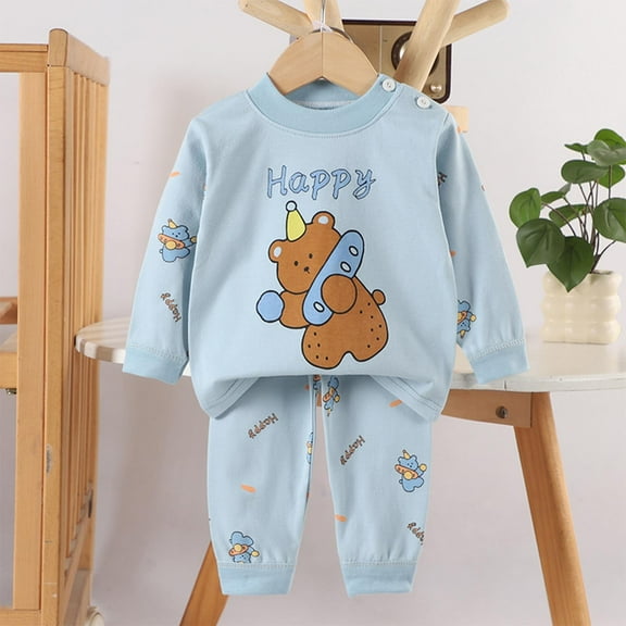 Cethrio Kids Boys Pajama Sets 2 Piece, Long Sleeve Graphic Cotton Soft Boys' Sleepwear Sky Blue Size 6-12 Months