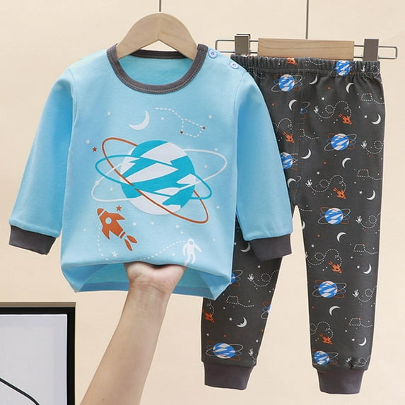 Cethrio Kids Boys Pajama Sets, Cotton Printed Long Sleeve Soft Kids Outfit Sets Blue Size 3-9 Months