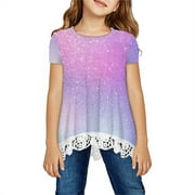 naisibaby Baby Girl Cute Print Lace T-shirt Short Sleeve Summer Blouse Top for Toddler Purple Size 11-12 Years