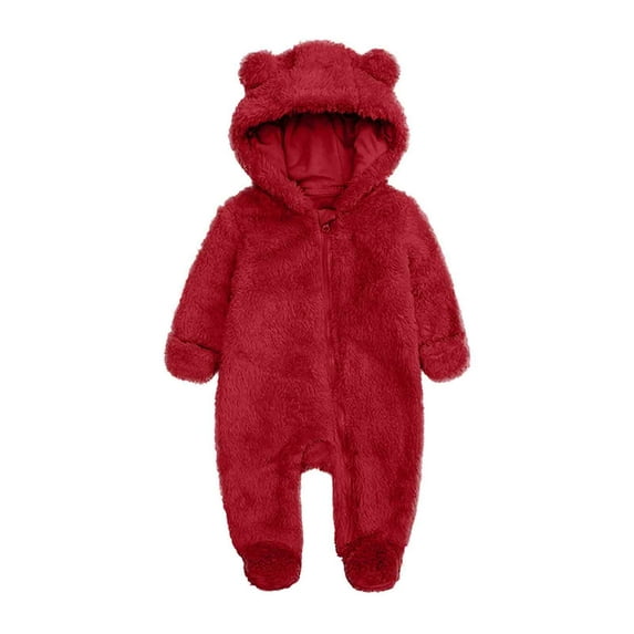 Cethrio Kids Girls Boys Fleece Romper, Warm Zip up Snowsuit Hooded Winter Bodysuits Jumpsuit Red Size 0-3 Months
