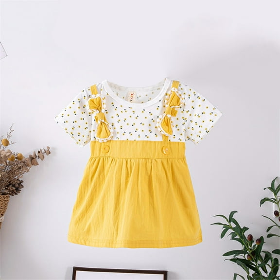 Cethrio Kids Girls Casual Dresses, Cotton Bow Cute Short Sleeve Summer Dress Yellow Size 1T