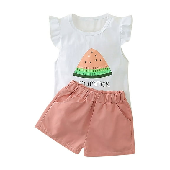 Cethrio Kids Girls Cotton Outfit Sets, Printed Flutter Sleeve Casual Summer Girls' Clothing Sets Pink Size 6-9 Months