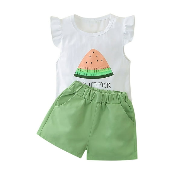 Cethrio Kids Girls Cotton Outfit Sets, Summer Flutter Sleeve Printed Casual Girls' Clothing Sets Green Size 6-9 Months