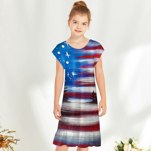 Cethrio Baby Girls Dresses- Cute Short Sleeve Fashion Casual Polyester Girls Summer Dresses Blue Size 10-11T