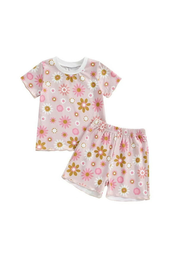 Kids Girls Outfit Sets, Floral Crew Neck Shirts and Shorts Set Pink Size 3-6 Months
