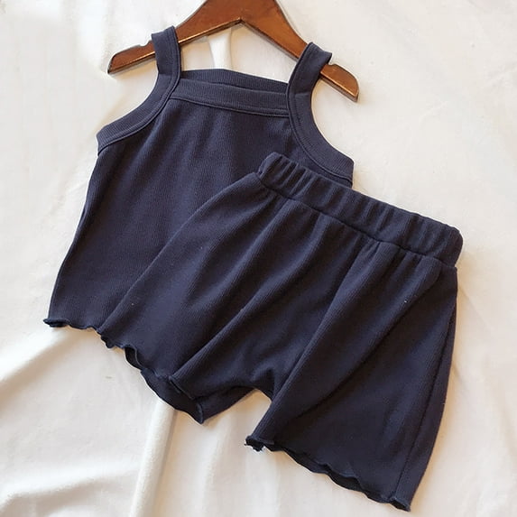 Cethrio Kids Girls Outfit Sets, Solid Color Sleeveless Summer Shirts and Shorts Set Navy Size 12-18 Months