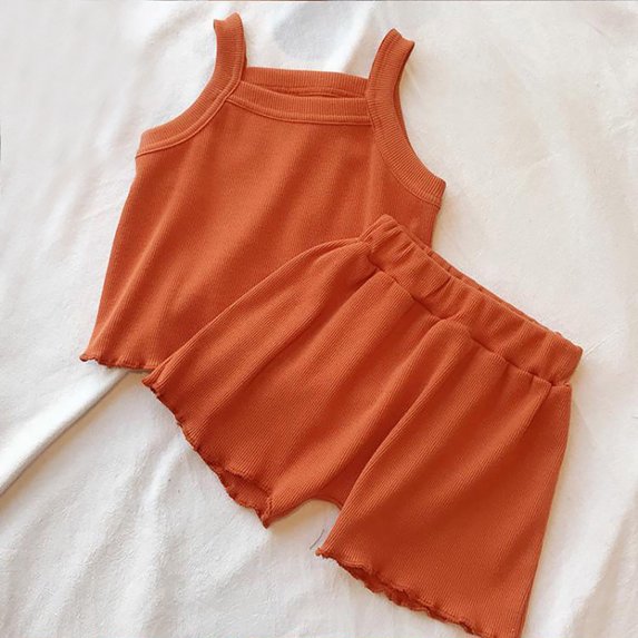 Cethrio Kids Girls Outfit Sets, Summer Solid Color Sleeveless Shirts and Shorts Set Orange Size 12-18 Months