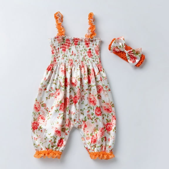 Cethrio Kids Girls Rompers, One Piece Sleeveless Printed Gifts Jumpsuits & Overalls Orange Size 0-6 Months