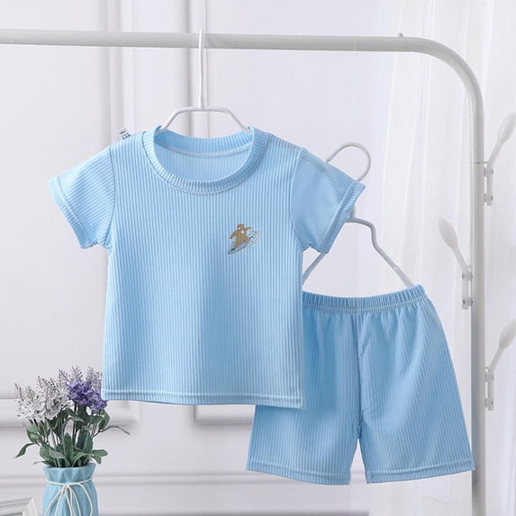 Cethrio Baby Girls Shirts Outfit Set- Printed Cute Short Sleeve Polyester Casual Crew Neck Girls Summer Clothes Set Light Blue Size 6-9 Month