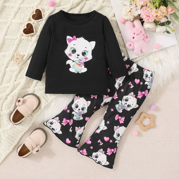Cethrio Baby Girls Sweatshirts and Pants Sets, Long Sleeve Printed Cotton Outfit Sets Black Size 12-18 Months
