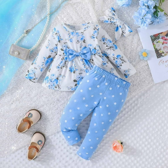 Cethrio Baby Girls Tops and Pants Set, 2-Piece Long Sleeve Printed Outfit Sets Blue Size 12-18 Months