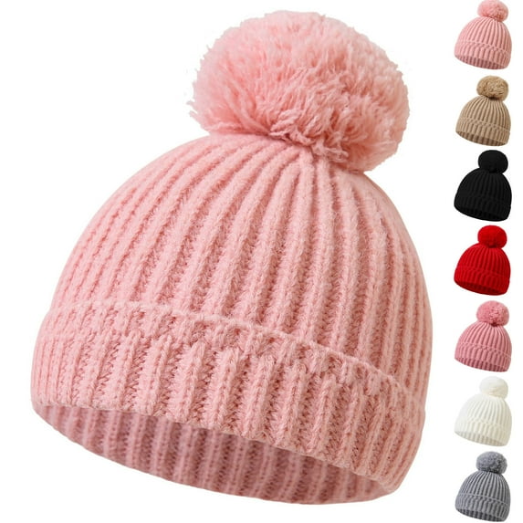 Cethrio Kids Girls Winter Beanies, Solid Color Soft Thermal Stretchy Knit Hats Pink Size 0-12 Months