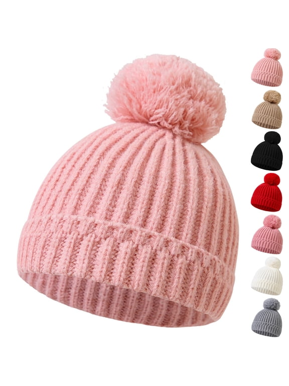 Kids Girls Winter Beanies, Solid Color Soft Thermal Stretchy Knit Hats Pink Size 0-12 Months