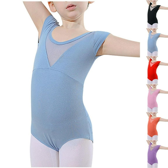 Cethrio Ballet Leotards for Girls, Summer Short Sleeve Dancing Gymnastics Leotards Light Blue Size 7-8 T
