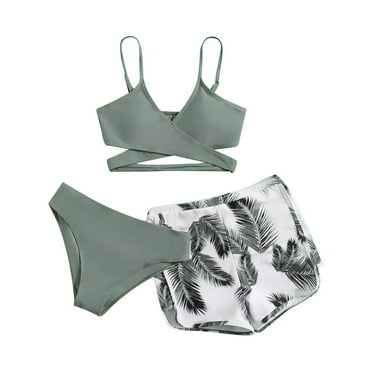 Cethrio Bathing Suit for Women 2 Piece Bikini- Solid Strap Deep V Sexy Split Set Three-piece Swimming Suit Swimwear Army Green