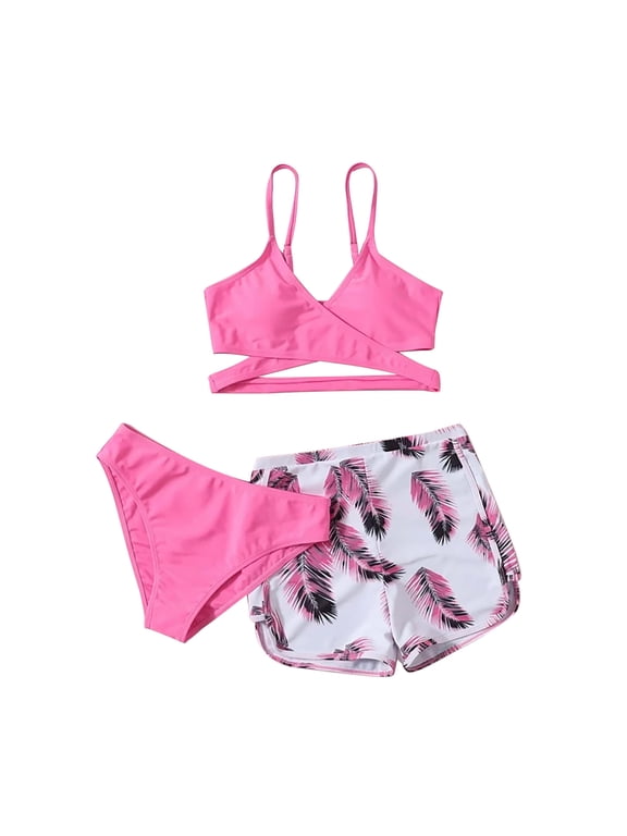 Bathing Suit for Women- Solid Strap Deep V Sexy Split Set Three-piece Swimming Suit Swimwear Pink