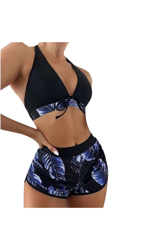 Bathing Suit for Women- Solid Strap Deep V Sexy Split Set Three-piece Swimming Suit Swimwear Purple