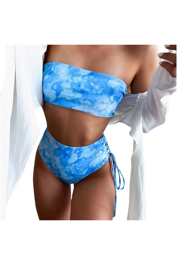 Bathing Suit for Women-Swimsuits Sexy Print Tube Top Backless Two Pieces Beachwear Set Swimwear Blue