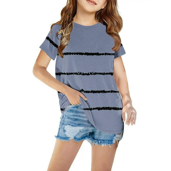 Cethrio Big Boys Girls T Shirts, Crewneck Casual Short Sleeve Stripe Summer Tops Blue Size 9-10 T