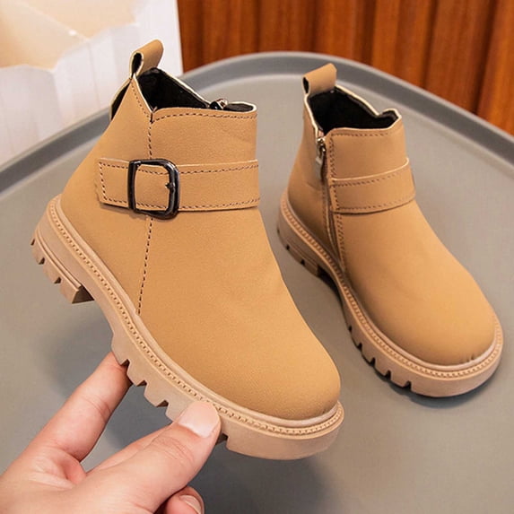 Cethrio Big Girls Ankle Boots, Breathable Slip-Resistant Buckle Strap Soft Sole Winter Shoes Khaki Size 1.5(Big Kids)