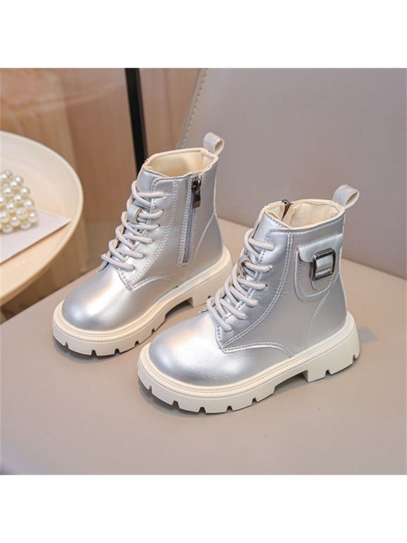 Big Girls Ankle Boots, Non-Slip Soft Sole Breathable Side Zipper Lace-up Boots Silver Size 3 (Big Kids)