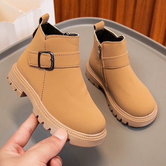 Cethrio Big Girls Ankle Boots, Slip-Resistant Buckle Strap Comfortable Soft Sole Winter Shoes Khaki Size 1(Big Kids)