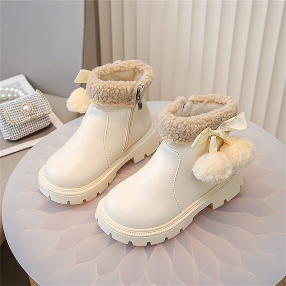 Cethrio Big Girls Ankle Boots, Slip-Resistant Thermal Side Zipper Soft Sole Winter Shoes Beige Size 2(Big Kids)