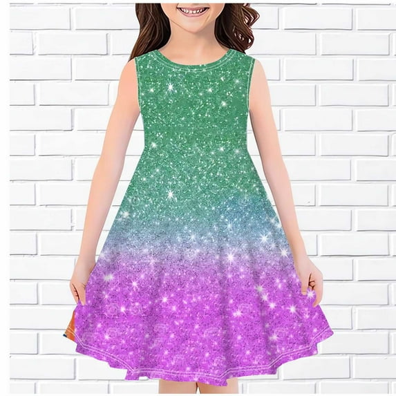 Cethrio Big Girls Casual Dresses, Crew Neck Sleeveless Gradient Print Summer Clothes Green Size 7-8 T