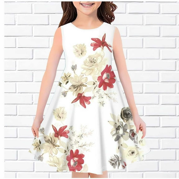 Cethrio Big Girls Casual Dresses, Sleeveless Crew Neck Floral Print Summer Clothes White Size 7-8 T