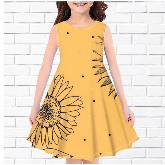 Cethrio Big Girls Casual Dresses, Sleeveless Crew Neck Floral Print Summer Clothes Yellow Size 7-8 T