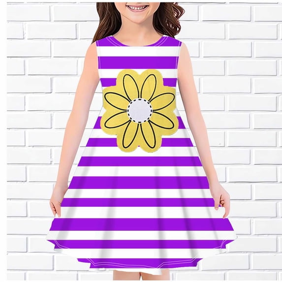Cethrio Big Girls Casual Dresses, Sleeveless Stripe Crew Neck Summer Clothes Purple Size 7-8 T