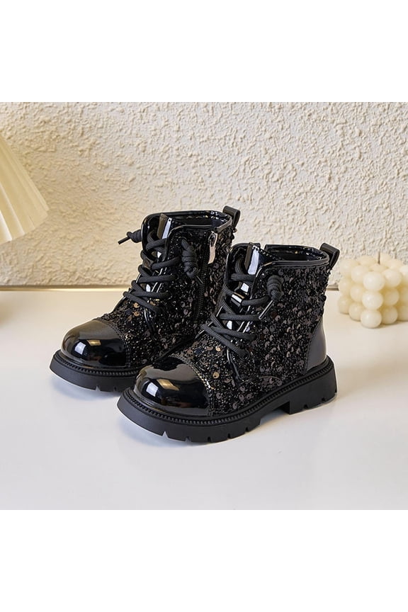 Big Girls Lace Up Boots, Zipper Warm School Non-slip Winter Shoes Black Size 1(Big Kids)