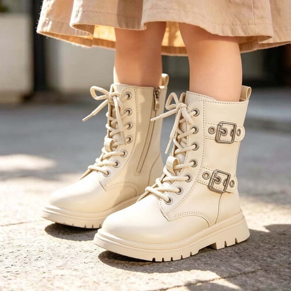 Cethrio Big Girls Mid-Calf Boots, Fashion Slip-Resistant Soft Sole Fall Winter Lace-up Boots Beige Size 1(Big Kids)
