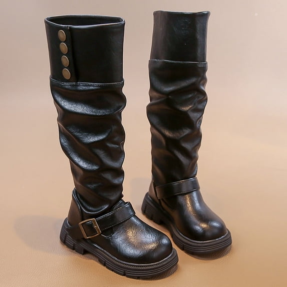 Cethrio Big Girls Riding Boots, Fall Winter Fashion Side Zipper Slip-Resistant Knee High Boots Black Size 1(Big Kids)