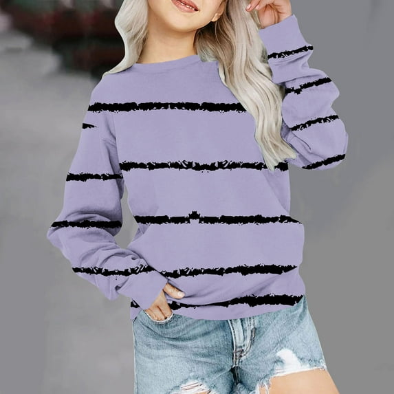 Cethrio Big Girls Sweatshirts, Crew Neck Long Sleeve Casual Stripe Pullover Tops Purple Size 7-8 T