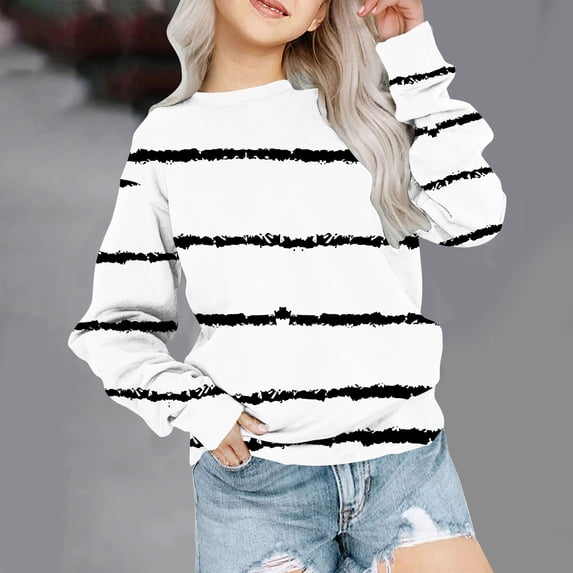 Cethrio Big Girls Sweatshirts, Crew Neck Stripe Long Sleeve Casual Pullover Tops White Size 9-10 T