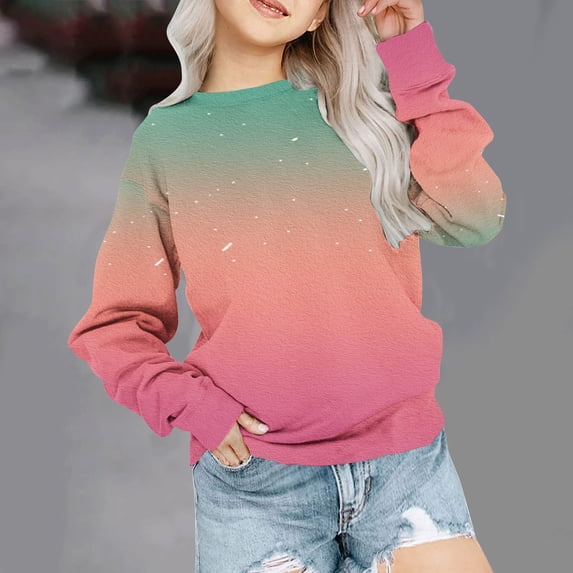 Cethrio Big Girls Sweatshirts, Long Sleeve Crew Neck Gradient Print Casual Pullover Tops Pink Size 11-12 T