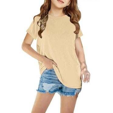 Cethrio Big Girls T Shirts, Casual Crewneck Solid Color Short Sleeve Summer Tops Beige Size 9-10 T