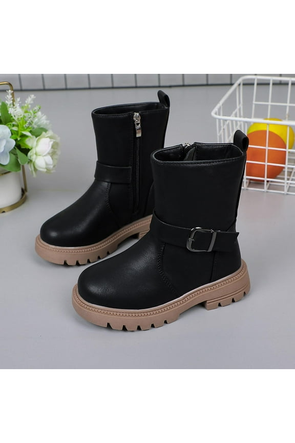 Big Girls Winter Booties, Non-slip Snow Thermal Zip up Winter Shoes Black Size 2(Big Kids)