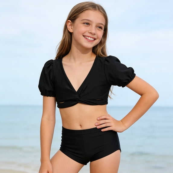 Cethrio Bikini Swimsuits for Girl, 2 Piece Summer Swimming Pool Quick-drying Bathing Suits Black Size 6
