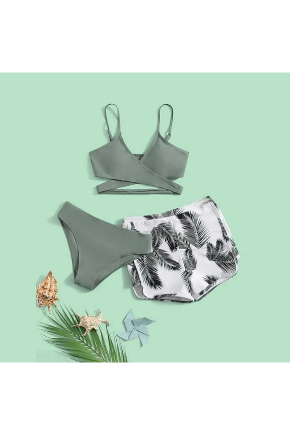 Bikini Swimsuits for Women 2025, Printed 3-Piece Casual Quick Dry Bathing Suits Army Green Size M