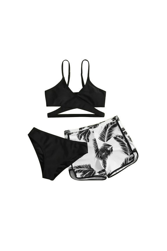 Bikini Top- Solid Strap Deep V Sexy Split Set Three-piece Swimming Suit Swimwear Black
