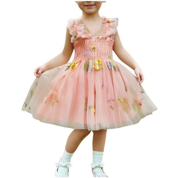 Cethrio Birthday Dresses for Kids Girls, Mesh Summer Sleeveless A-Line Princess Dresses Pink Size 4-5T