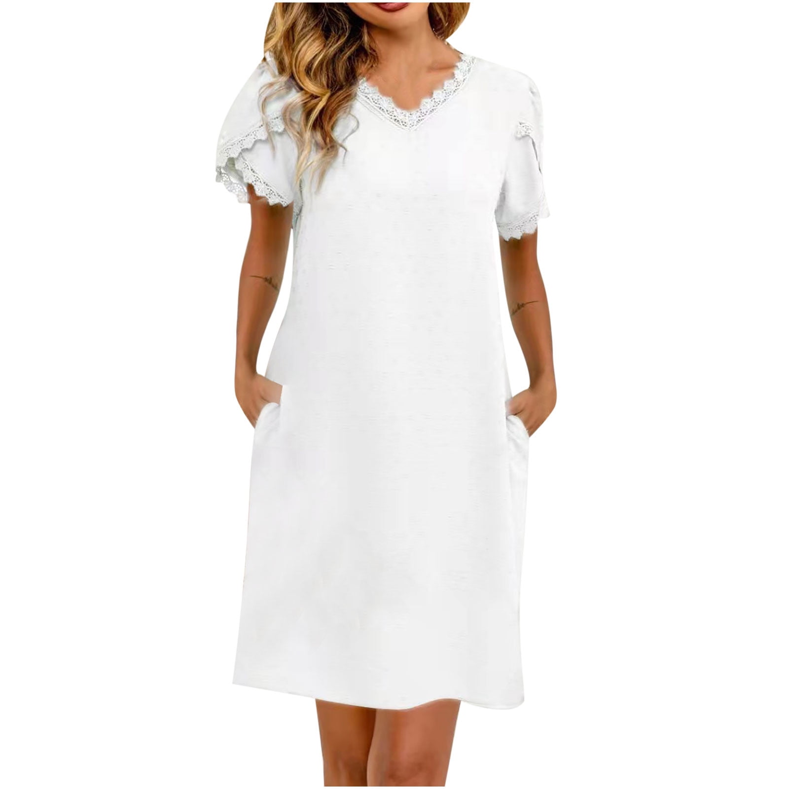Cethrio Womens Dresses- Fashion Boho V-Neck Loose Short Sleeve Solid  Ankle-Length Dress+Belt White 
