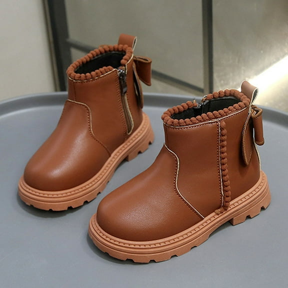 Cethrio Booties for Girl, Non Slip Princess Zipper Warm Winter Shoes Brown Size 12(Little Kids)